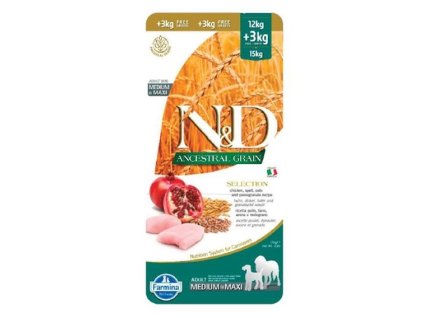 Farmina N&D dog LG SELECTION adult medium&maxi chicken,spelt,oats&pomegranate 12 kg + 3 kg GRÁTIS
